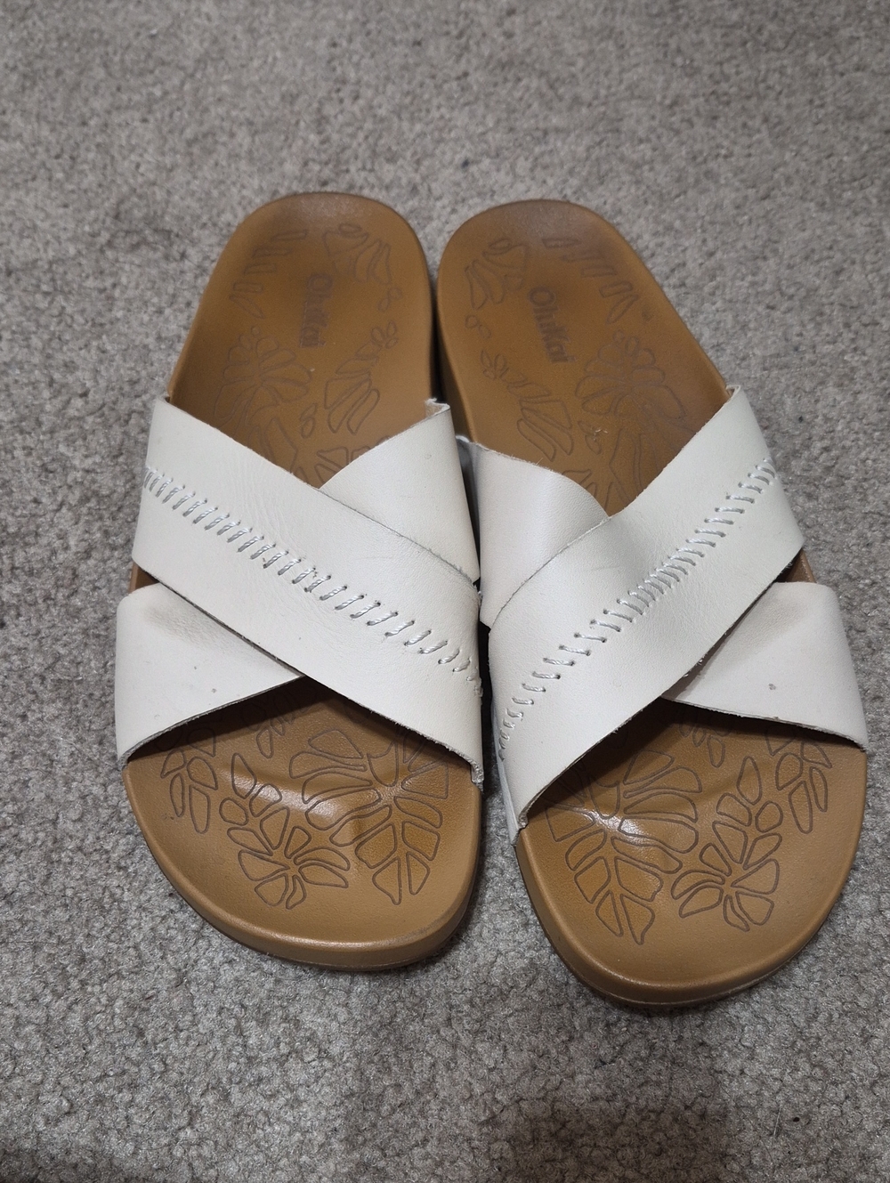 OluKai Women’s White Leather Crisscross Slide Sandals